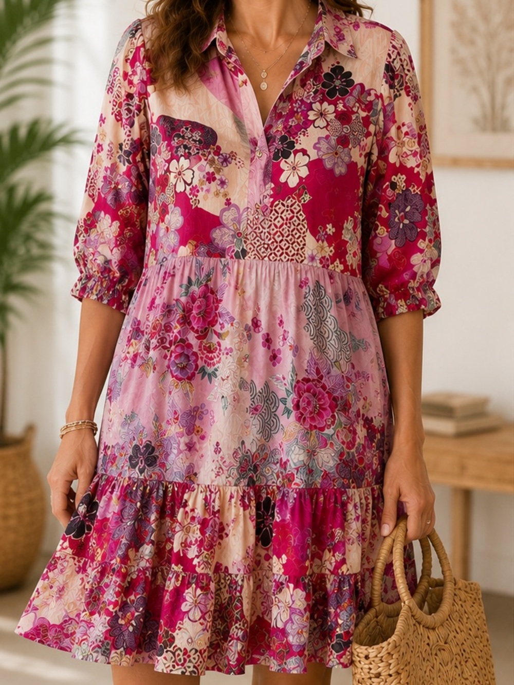 Johnny Was Silk Patchwork Floral Yama Jasmine Tiered Dress Women Large MSRP $248 - Picture 6 of 16